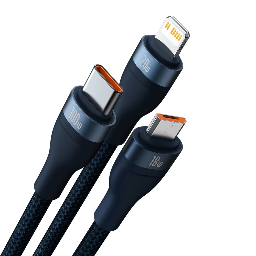 Baseus Flash Series 2 3in1 USB laidas USB-C + micro USB + Lightning 100W 1.2m – Mėlynas