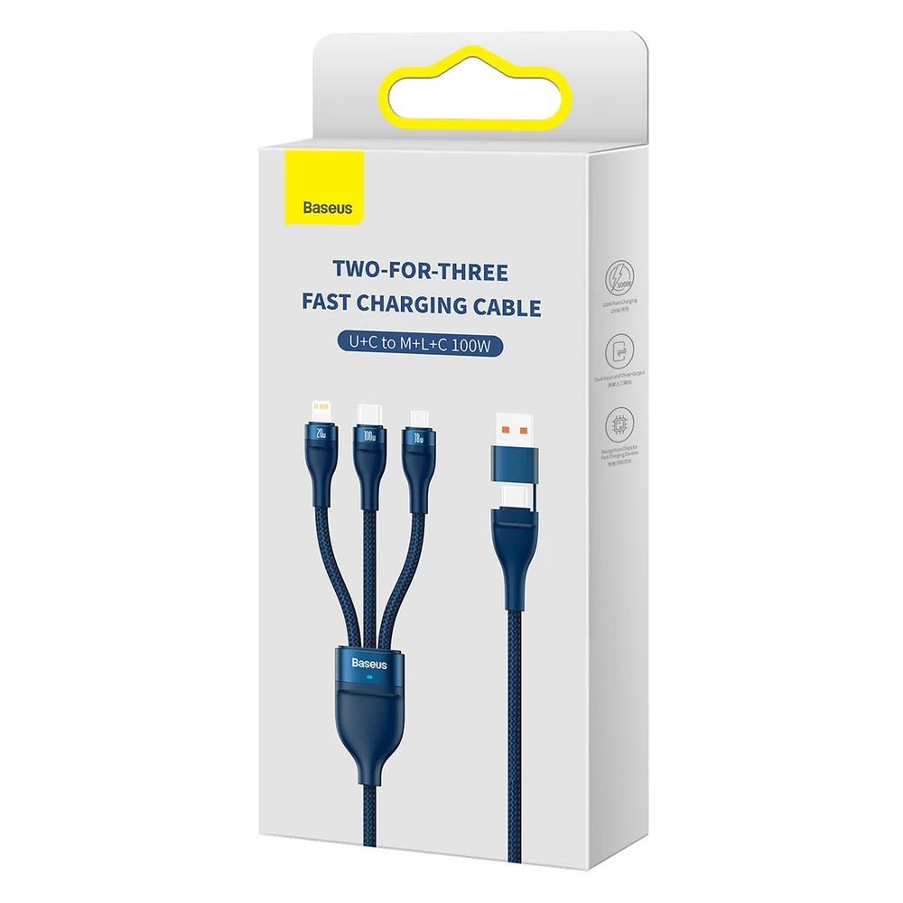 Baseus Flash Series 2 3in1 USB laidas USB-C + micro USB + Lightning 100W 1.2m – Mėlynas