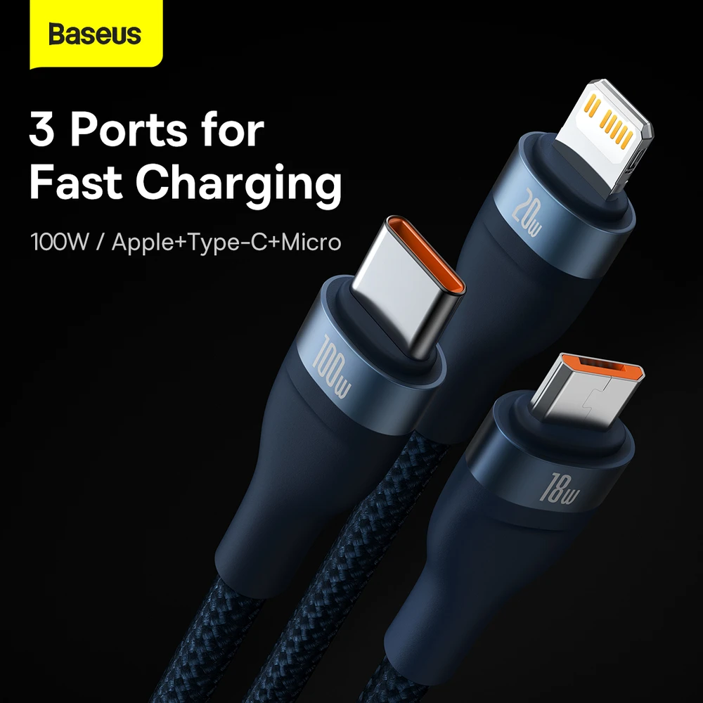 Baseus Flash Series 2 3in1 USB laidas USB-C + micro USB + Lightning 100W 1.2m – Mėlynas