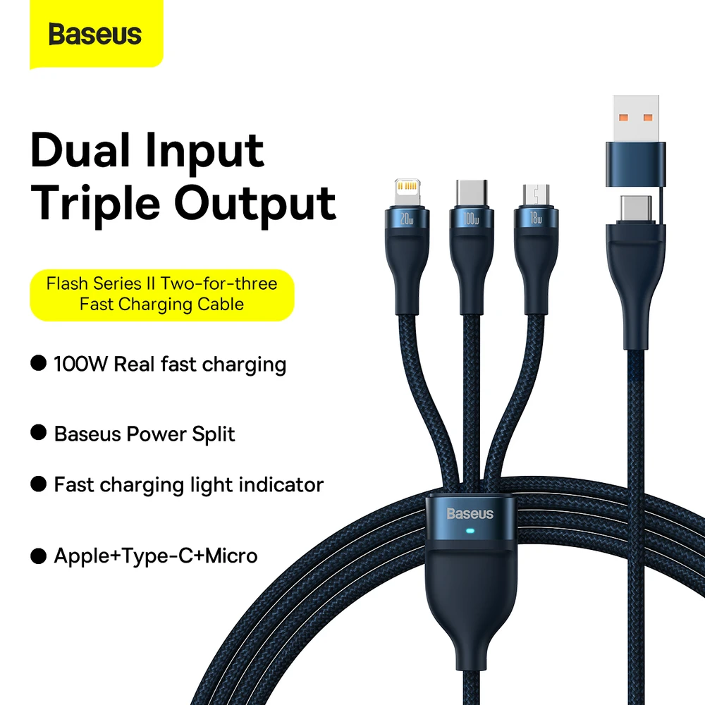 Baseus Flash Series 2 3in1 USB laidas USB-C + micro USB + Lightning 100W 1.2m – Mėlynas