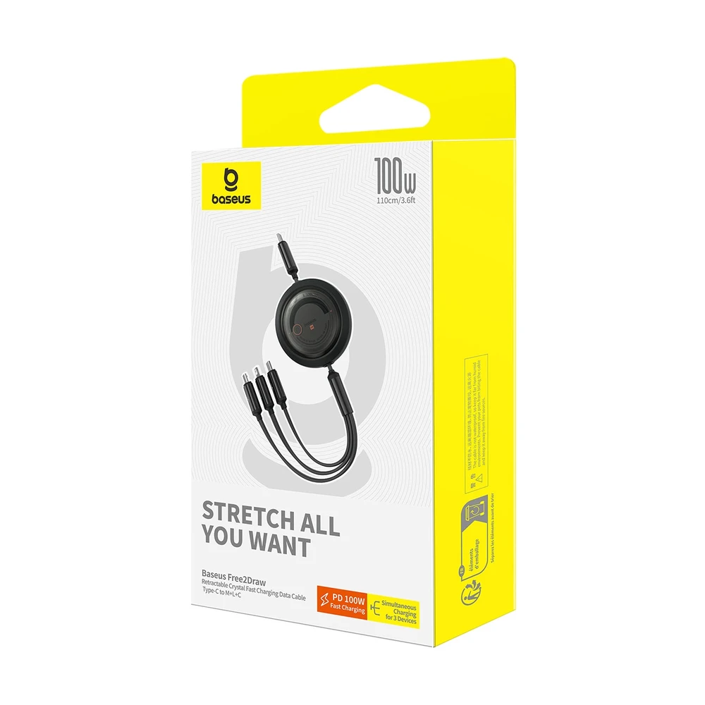 Greito įkrovimo laidas 3in1 Baseus Free2Draw USB-C prie USB-C/Lightning/Micro 100W, 1.1m (juodas)
