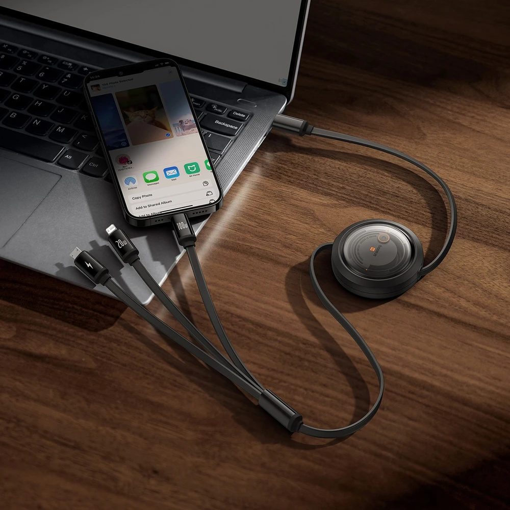 Greito įkrovimo laidas 3in1 Baseus Free2Draw USB-C prie USB-C/Lightning/Micro 100W, 1.1m (juodas)