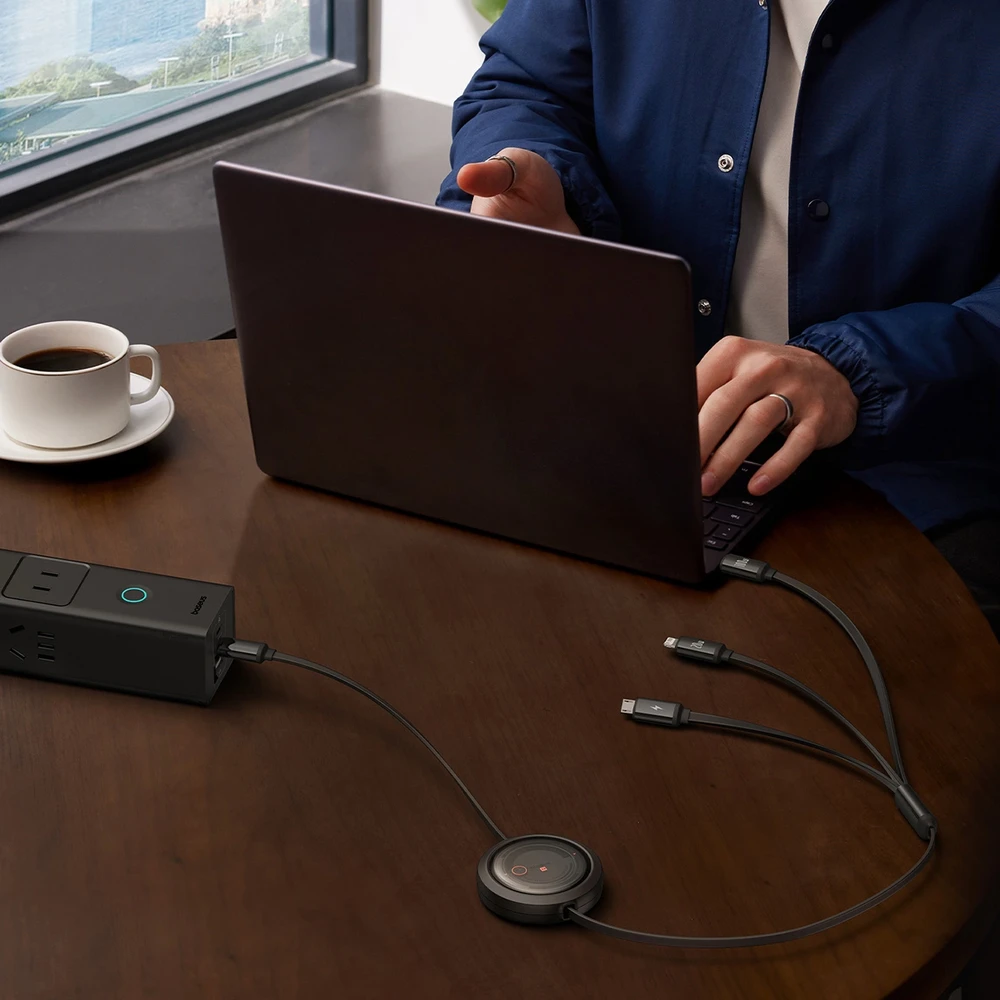 Greito įkrovimo laidas 3in1 Baseus Free2Draw USB-C prie USB-C/Lightning/Micro 100W, 1.1m (juodas)