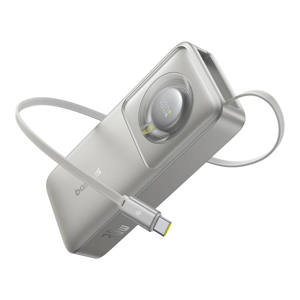 Baseus Free2Pull 10000mAh 30W išorinė baterija su USB-C jungtimi ir ištraukiamu USB-C laidu – pilkos spalvos