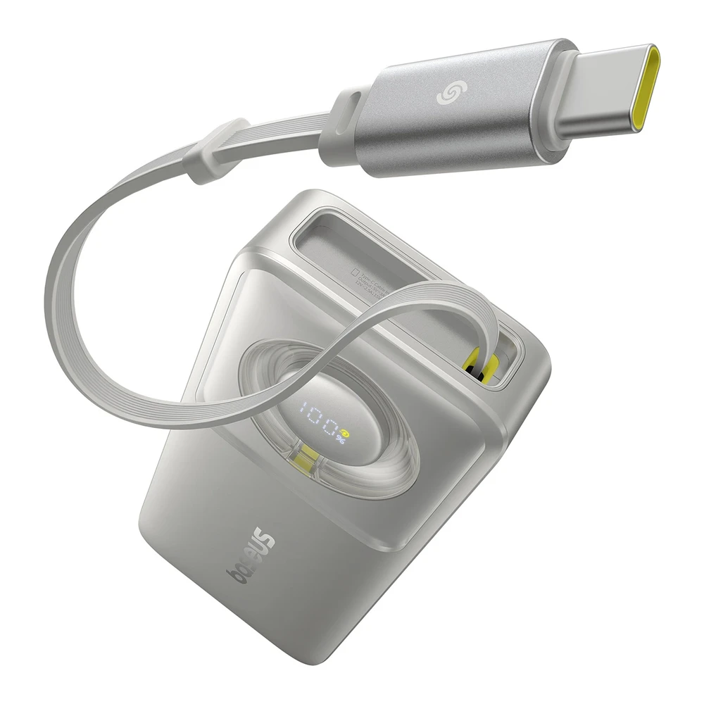 Baseus Free2Pull 10000mAh 30W išorinė baterija su USB-C jungtimi ir ištraukiamu USB-C laidu – pilkos spalvos