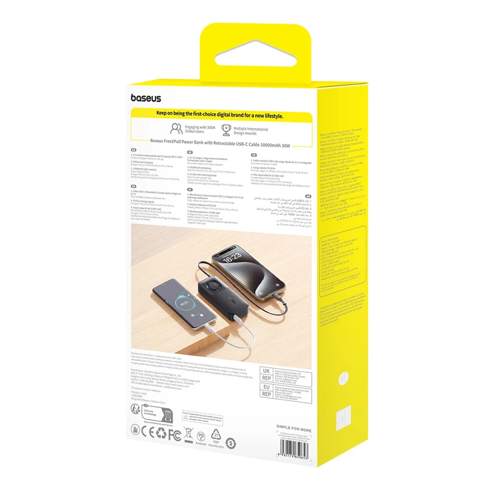 Baseus Free2Pull 10000mAh 30W powerbank su USB-C port and retractable USB-C kabeliu – juodos spalvos