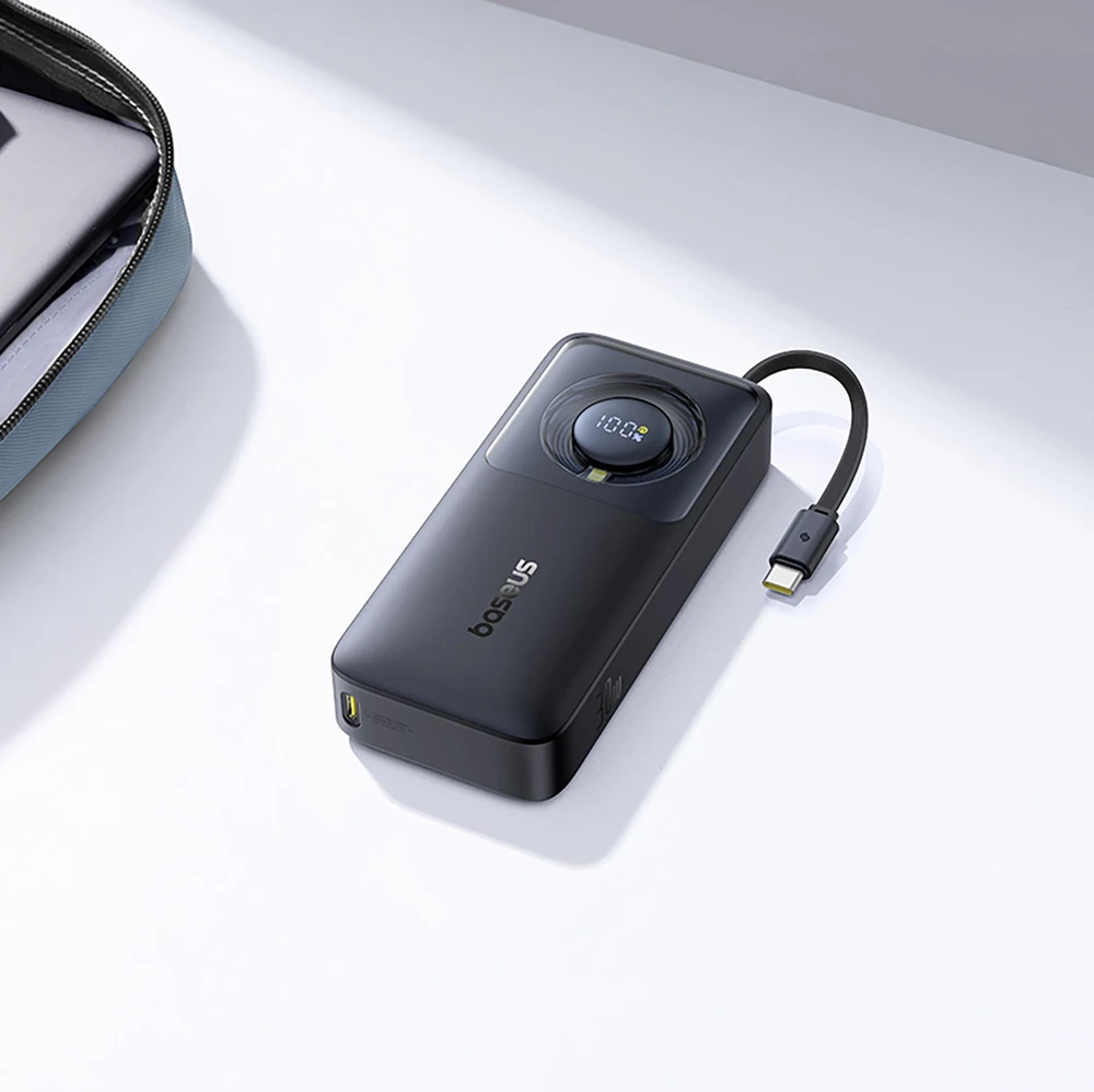 Baseus Free2Pull 10000mAh 30W powerbank su USB-C port and retractable USB-C kabeliu – juodos spalvos