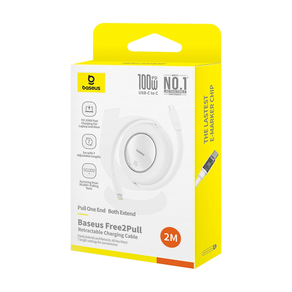 Kabelis Baseus Free2Pull Mini 100W ištraukiamas USB-C - USB-C 2m - balta