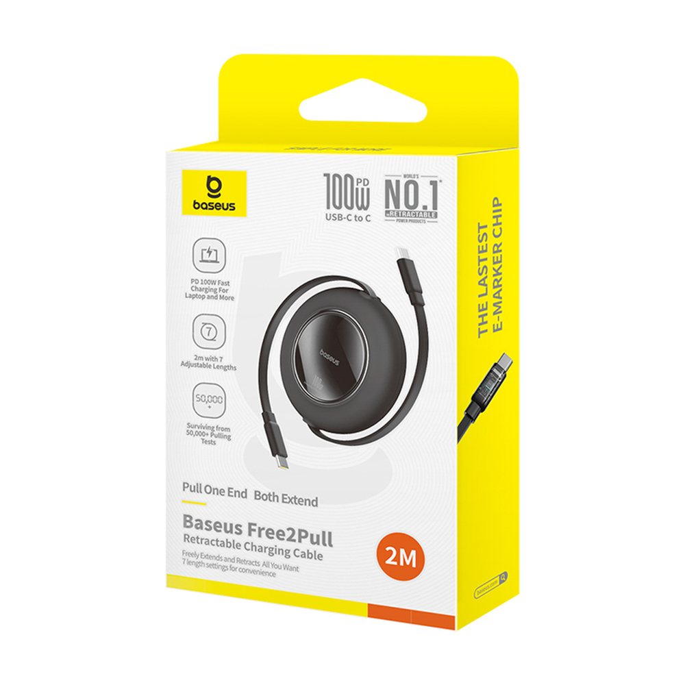 Kabelis Baseus Free2Pull Mini 100W ištraukiamas USB-C - USB-C 2m - juodas