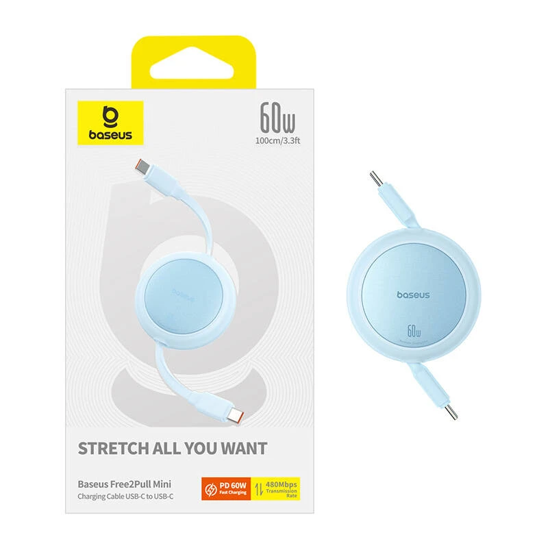 Baseus Free2Pull Mini USB-C į USB-C 60 W USB kabelis, 1m (mėlynas)