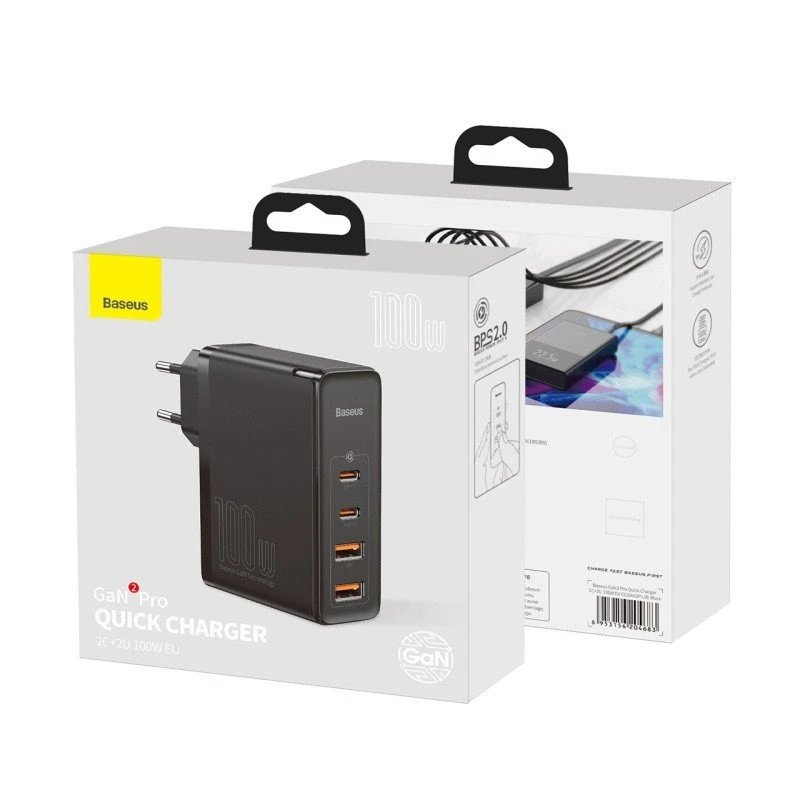 Greitas kelioninis Baseus GaN2 Pro įkroviklis 2x USB + 2x USB-C, 100W, EU (juodas)
