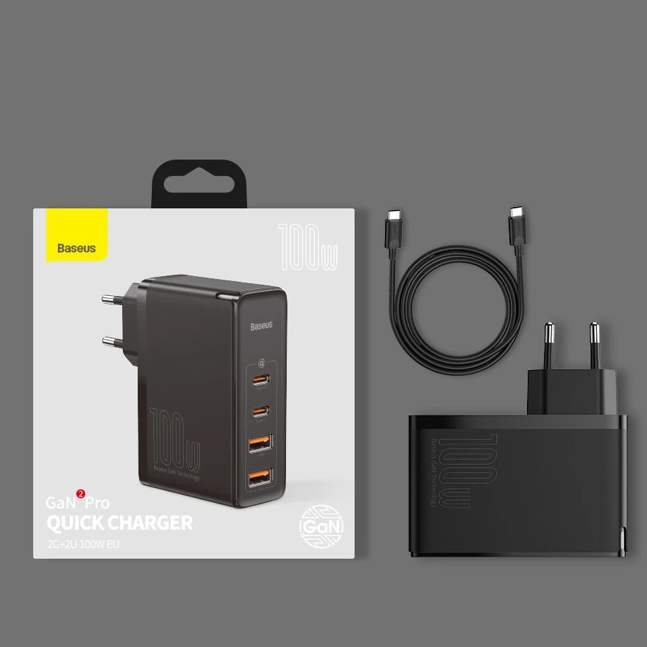 Greitas kelioninis Baseus GaN2 Pro įkroviklis 2x USB + 2x USB-C, 100W, EU (juodas)