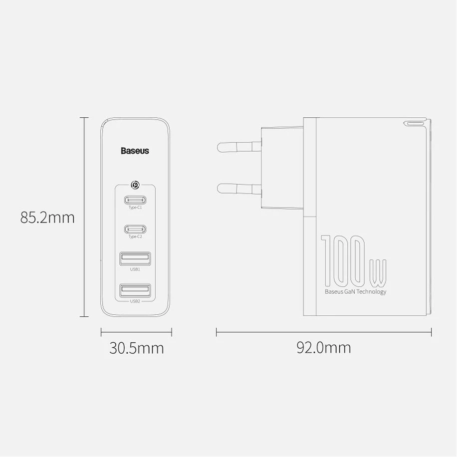 Greitas kelioninis Baseus GaN2 Pro įkroviklis 2x USB + 2x USB-C, 100W, EU (juodas)