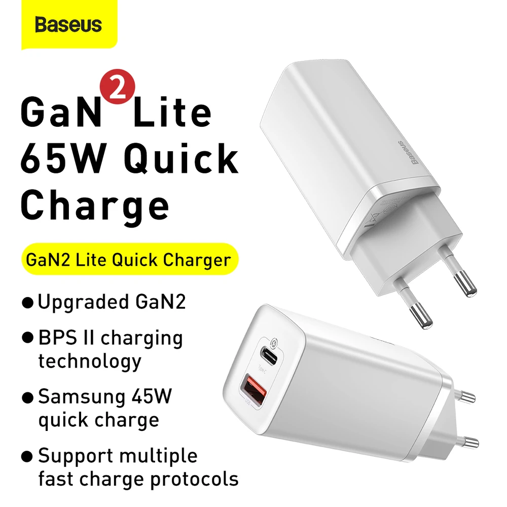 Baseus Sieninis įkroviklis GaN2 Lite 65W USB + USB-C QC4+ PD3.0 SCP FCP AFC, baltas