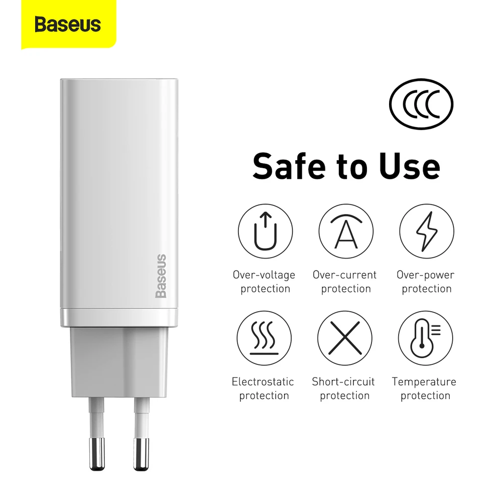 Baseus Sieninis įkroviklis GaN2 Lite 65W USB + USB-C QC4+ PD3.0 SCP FCP AFC, baltas