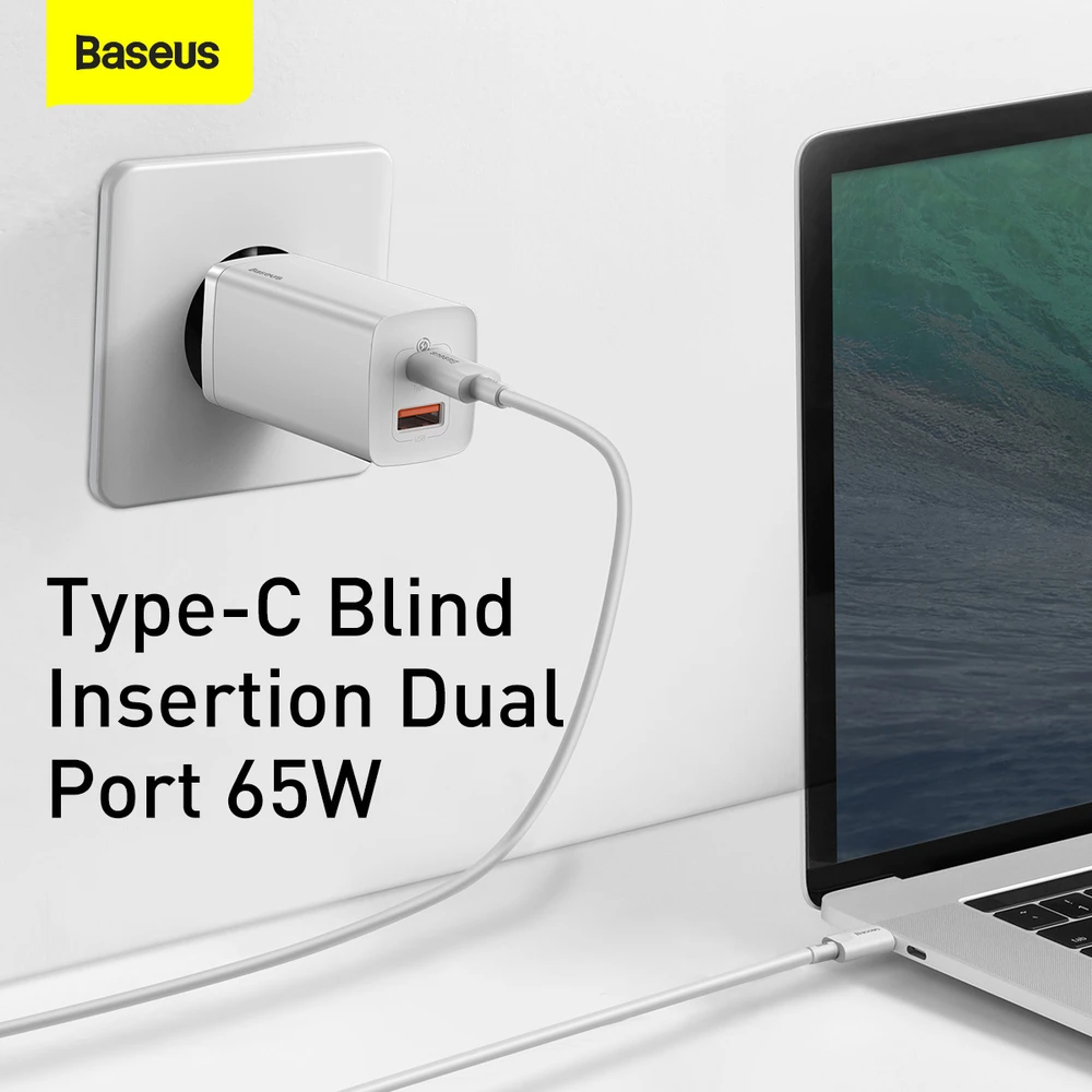 Baseus Sieninis įkroviklis GaN2 Lite 65W USB + USB-C QC4+ PD3.0 SCP FCP AFC, baltas