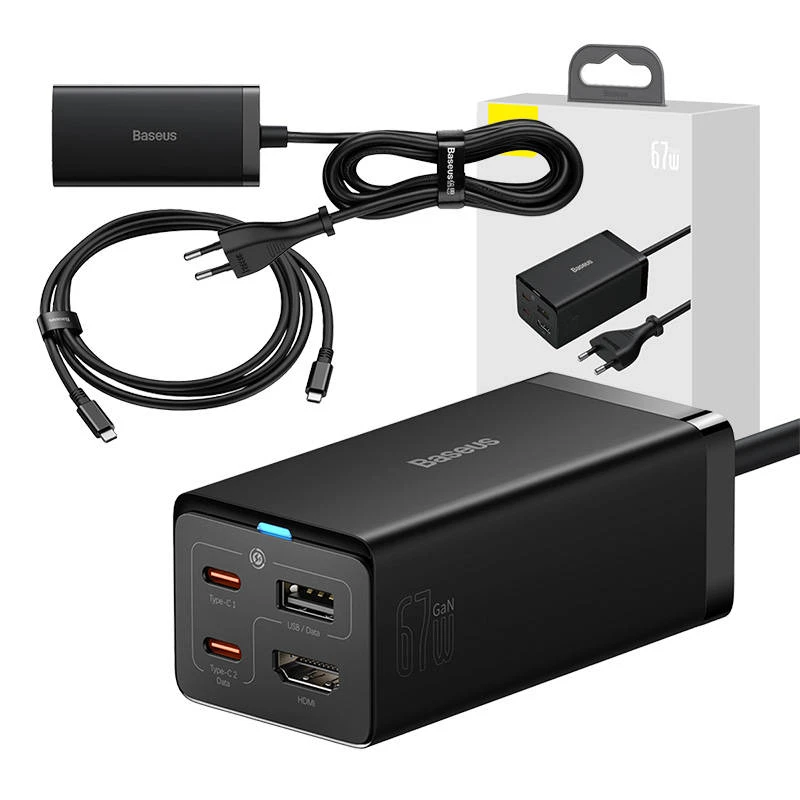 Baseus GaN5 Pro sieninis įkroviklis 2xUSB-C + USB + HDMI, 67 W (juodas)