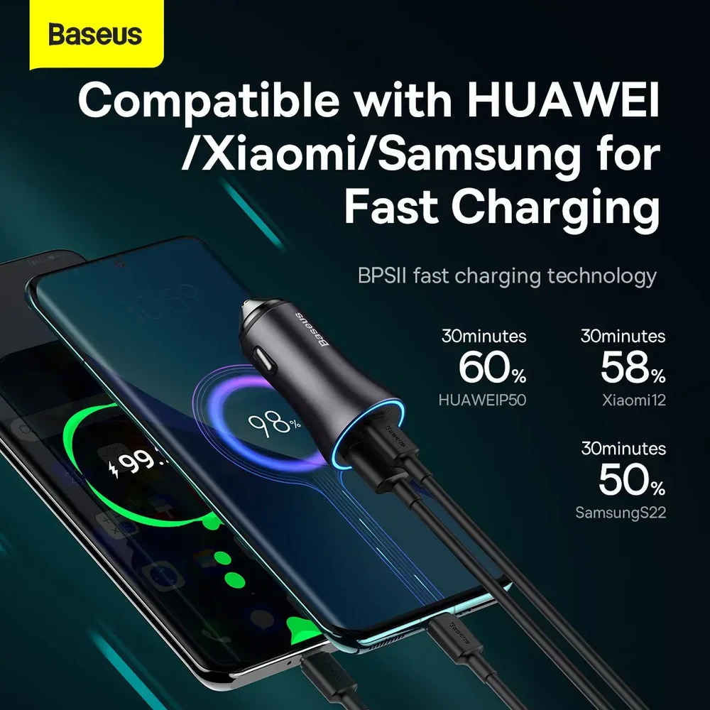 Automobilinis telefono kroviklis Baseus Golden Contactor Max, USB + USB-C, 60 W, pilka