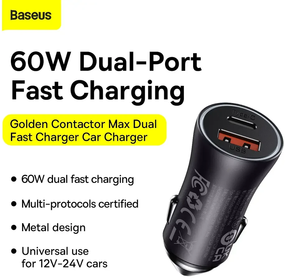 Automobilinis telefono kroviklis Baseus Golden Contactor Max, USB + USB-C, 60 W, pilka