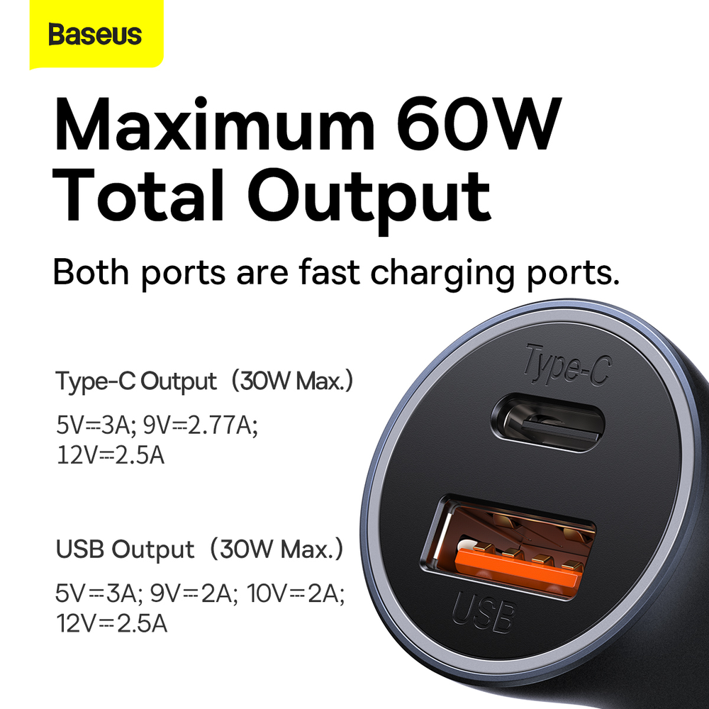 Automobilinis įkroviklis Baseus Golden Contactor Max USB + USB-C 60W - pilkas