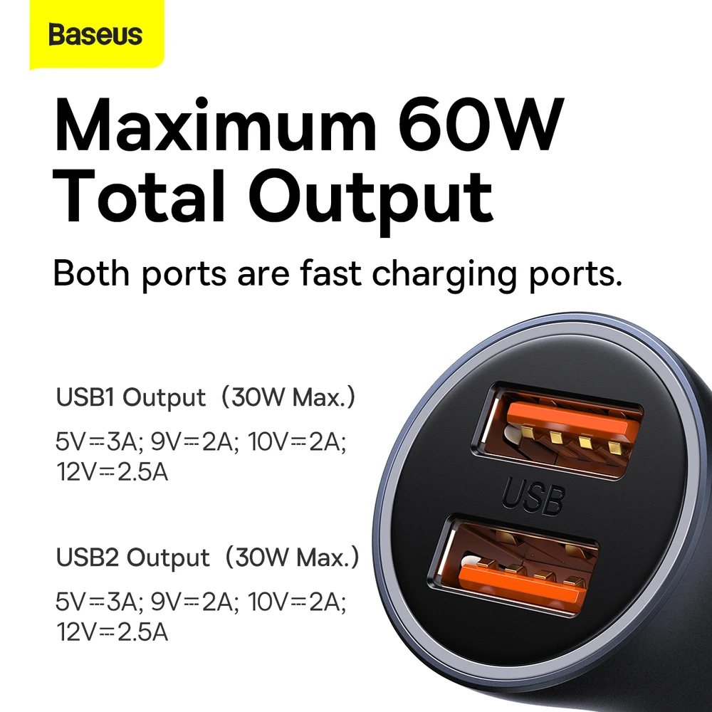 Baseus Golden Contactor Max automobilinis įkroviklis, 2x USB, 60W (pilka)