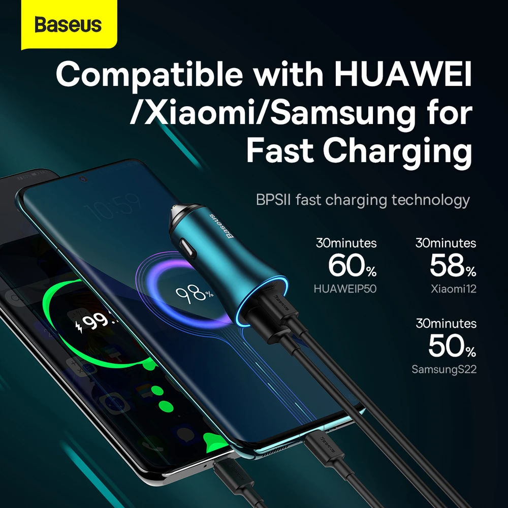 Baseus Golden Contactor Max greitasis automobilinis įkroviklis USB + C tipo USB 60 W, mėlynas (CGJM000103)