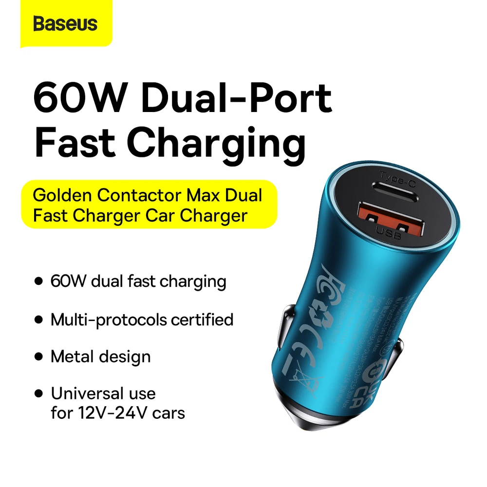 Baseus Golden Contactor Max greitasis automobilinis įkroviklis USB + C tipo USB 60 W, mėlynas (CGJM000103)