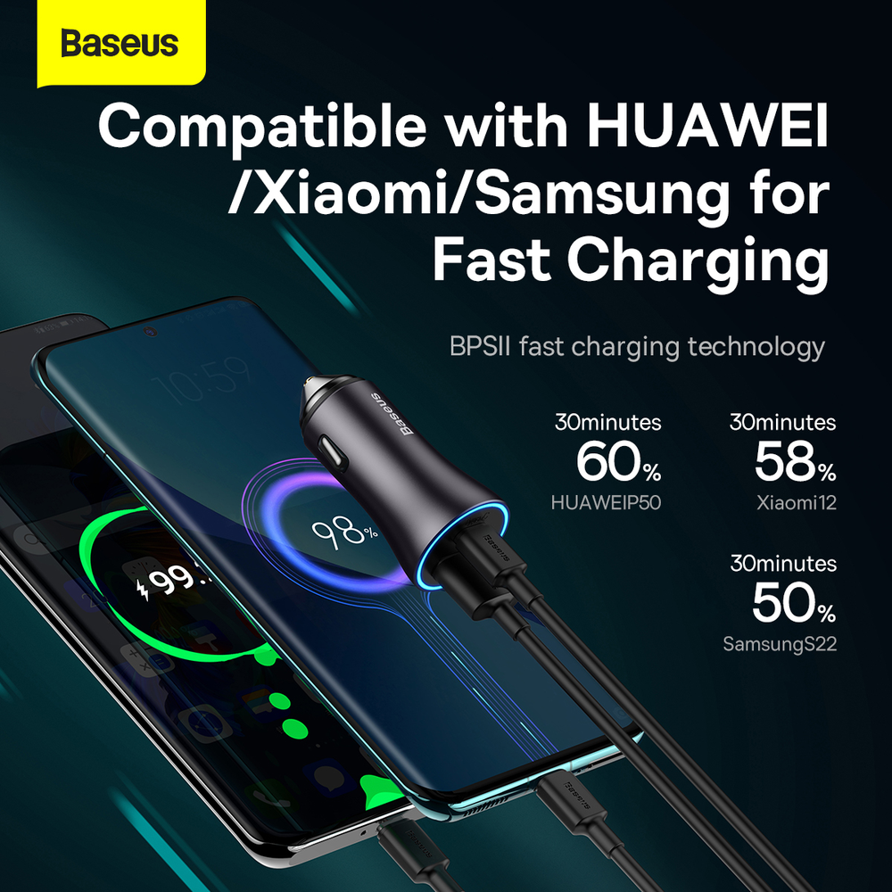 Automobilinis įkroviklis Baseus Golden Contactor Max USB + USB-C 60W - pilkas