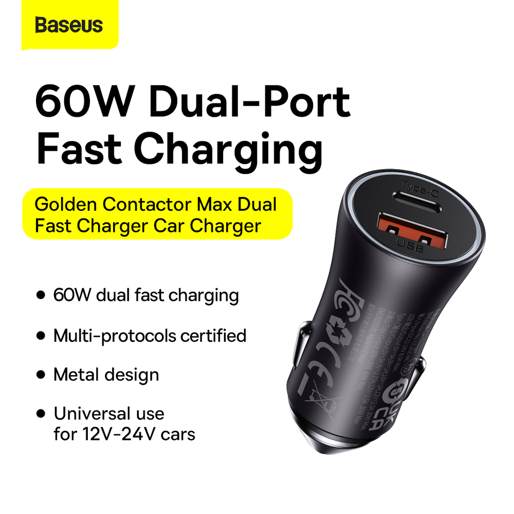 Automobilinis įkroviklis Baseus Golden Contactor Max USB + USB-C 60W - pilkas