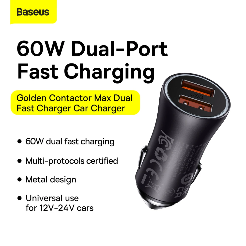 Baseus Golden Contactor Max automobilinis įkroviklis, 2x USB, 60W (pilka)