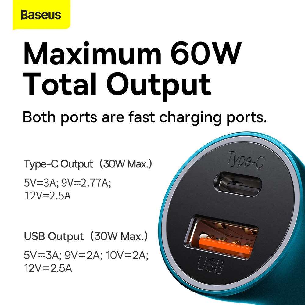 Baseus Golden Contactor Max greitasis automobilinis įkroviklis USB + C tipo USB 60 W, mėlynas (CGJM000103)