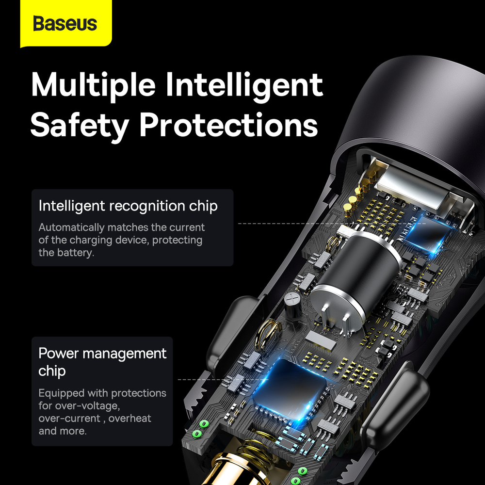 Automobilinis įkroviklis Baseus Golden Contactor Max USB + USB-C 60W - pilkas