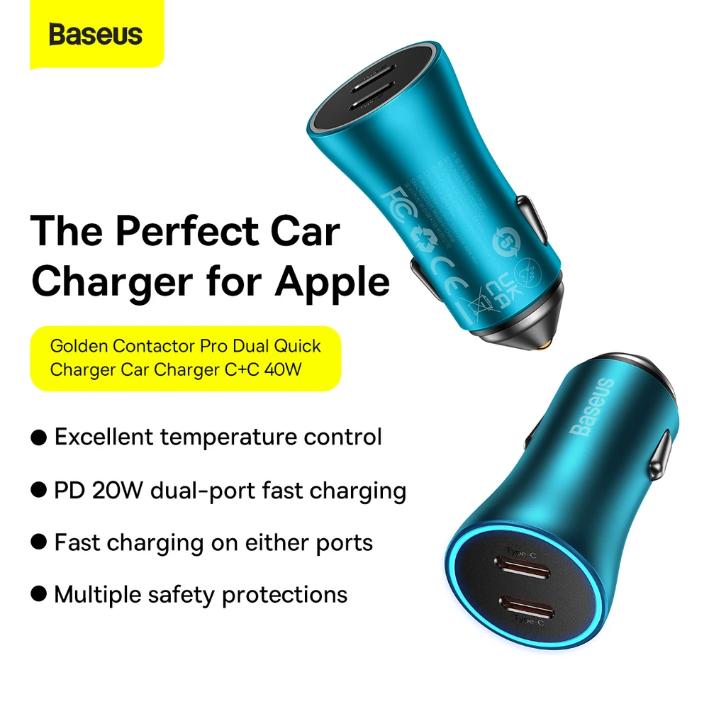 Baseus Golden Contactor Pro automobilinis įkroviklis 2x USB-C 40W - mėlynas