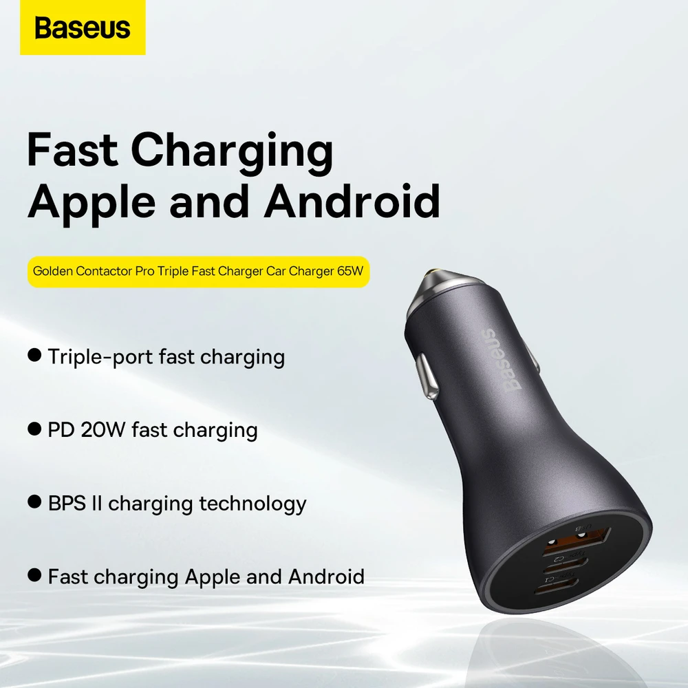 Baseus Automobilinis įkroviklis 12-24V 65W USB + 2xUSB-C QC4+ PD3.0, pilkas