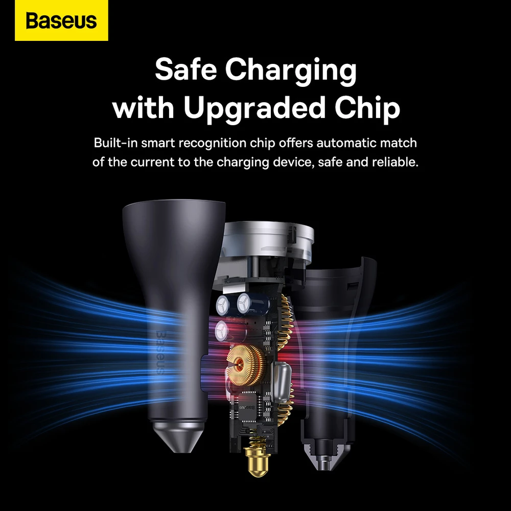 Baseus Automobilinis įkroviklis 12-24V 65W USB + 2xUSB-C QC4+ PD3.0, pilkas