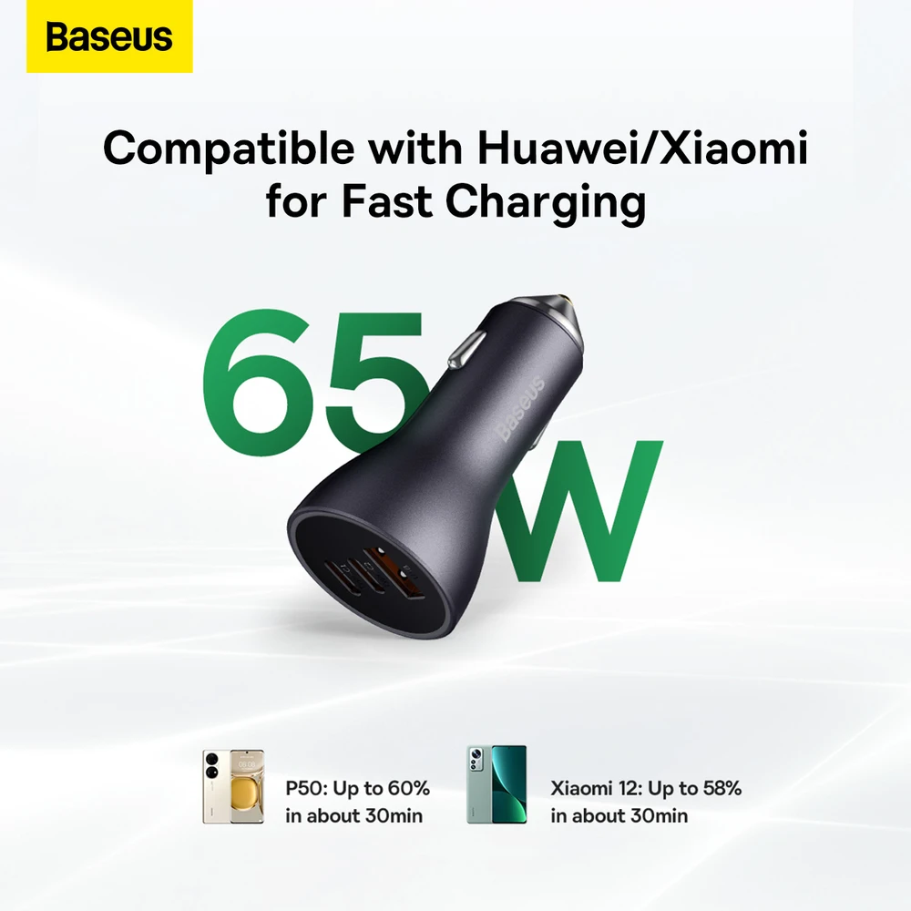 Baseus Automobilinis įkroviklis 12-24V 65W USB + 2xUSB-C QC4+ PD3.0, pilkas