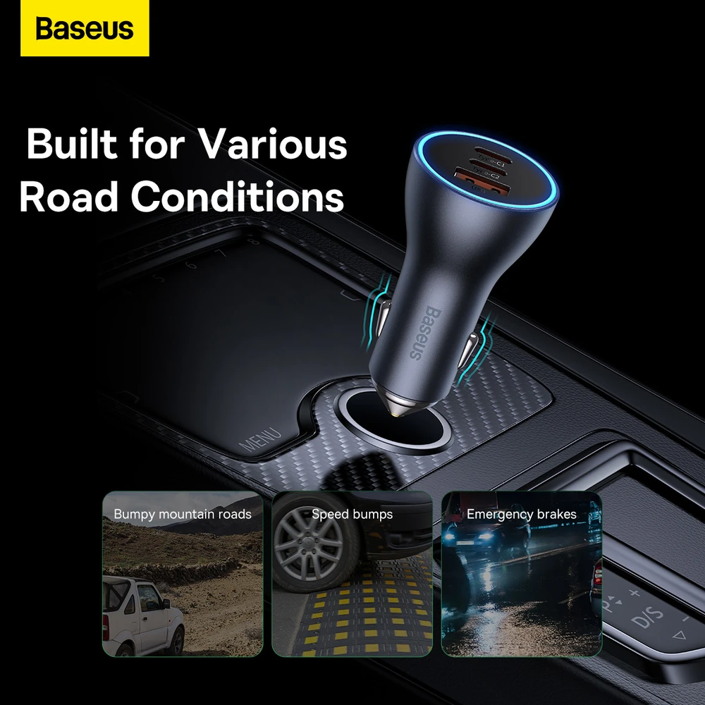 Baseus Automobilinis įkroviklis 12-24V 65W USB + 2xUSB-C QC4+ PD3.0, pilkas