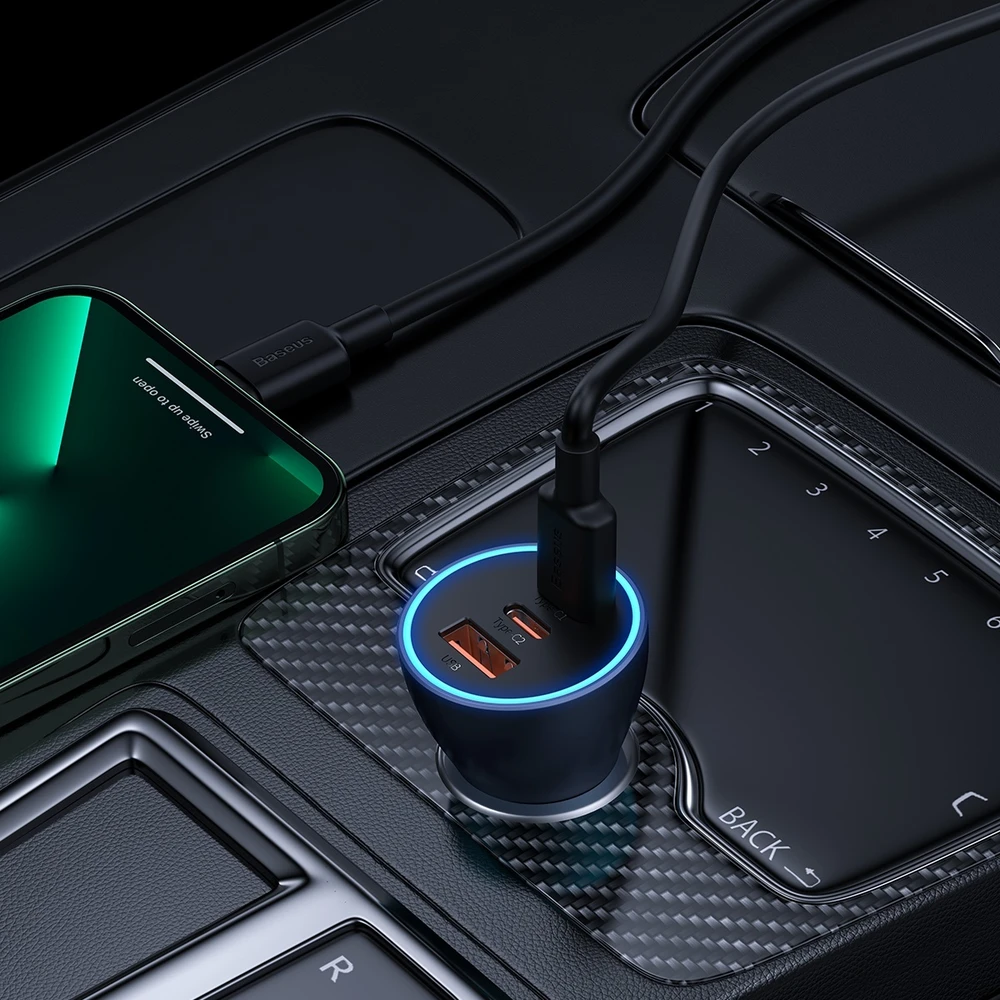 Baseus Automobilinis įkroviklis 12-24V 65W USB + 2xUSB-C QC4+ PD3.0, pilkas