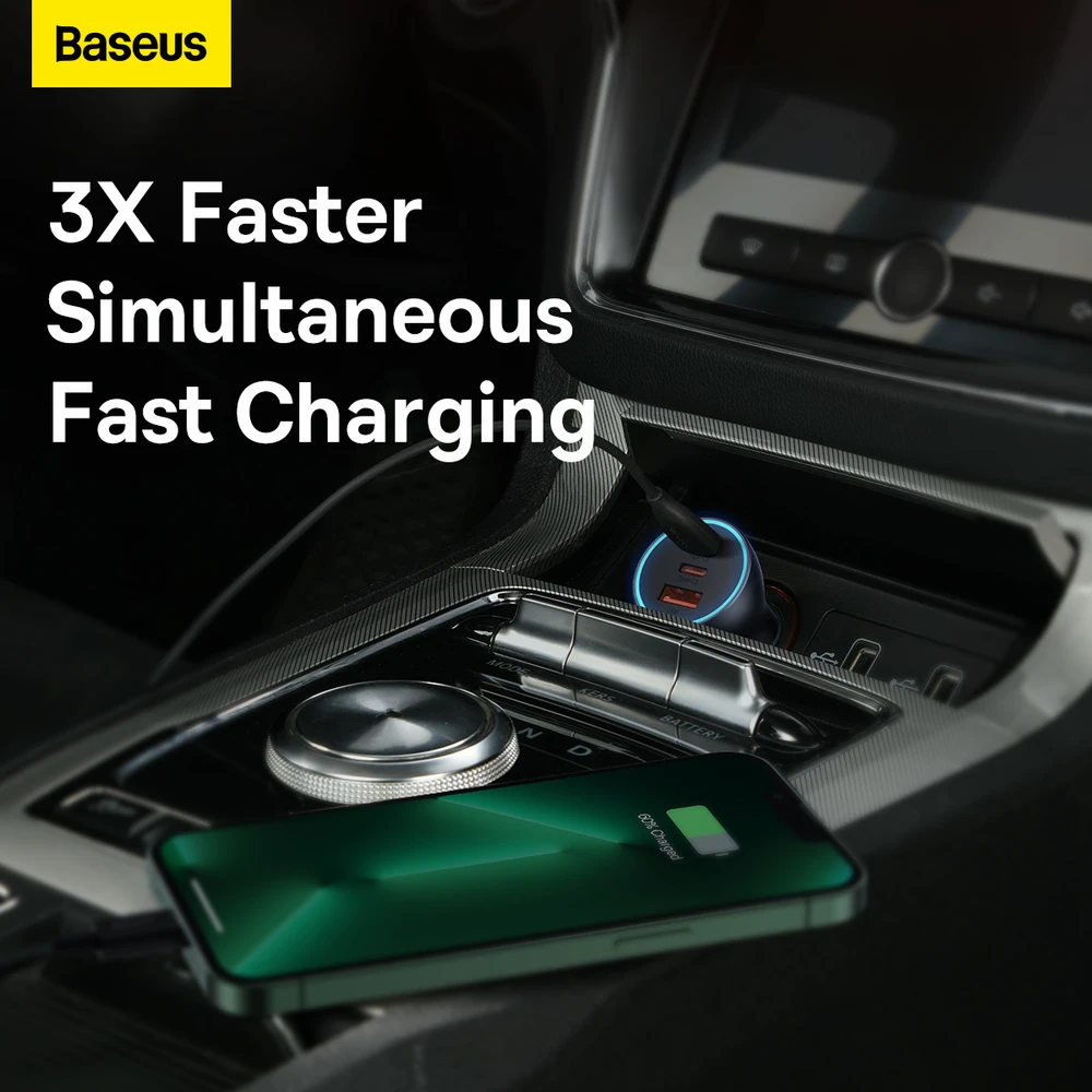 Baseus Automobilinis įkroviklis 12-24V 65W USB + 2xUSB-C QC4+ PD3.0, pilkas