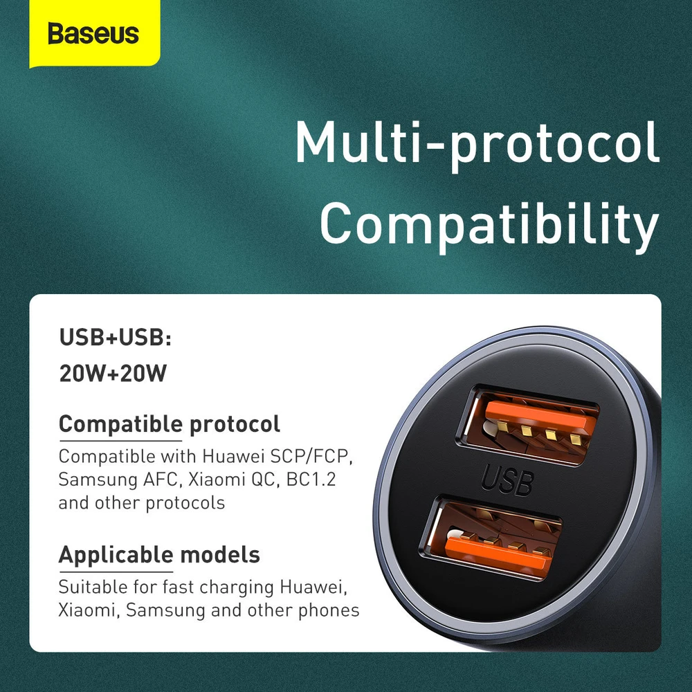 Baseus Automobilinis įkroviklis 40W 12-24V 2xUSB QC4.0 SCP FCP AFC su USB-C 1m laidu, pilkas