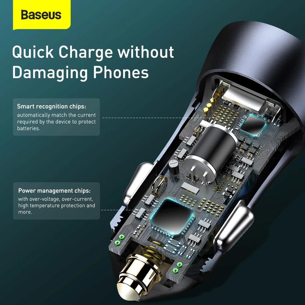 Baseus Automobilinis įkroviklis 40W 12-24V 2xUSB QC4.0 SCP FCP AFC su USB-C 1m laidu, pilkas