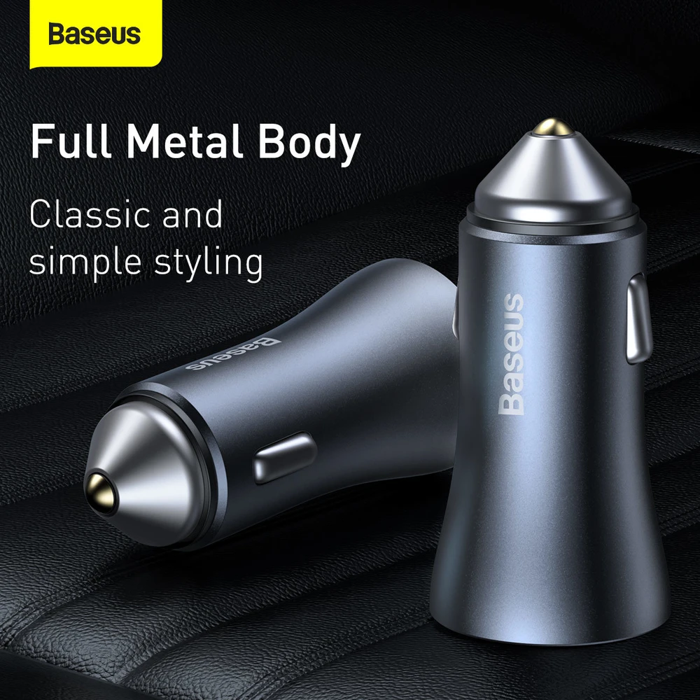 Baseus Automobilinis įkroviklis 40W 12-24V 2xUSB QC4.0 SCP FCP AFC su USB-C 1m laidu, pilkas