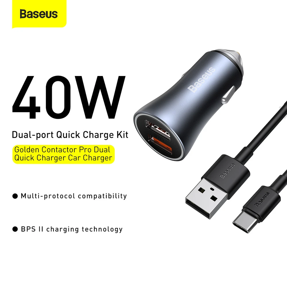 Baseus Automobilinis įkroviklis 40W 12-24V 2xUSB QC4.0 SCP FCP AFC su USB-C 1m laidu, pilkas