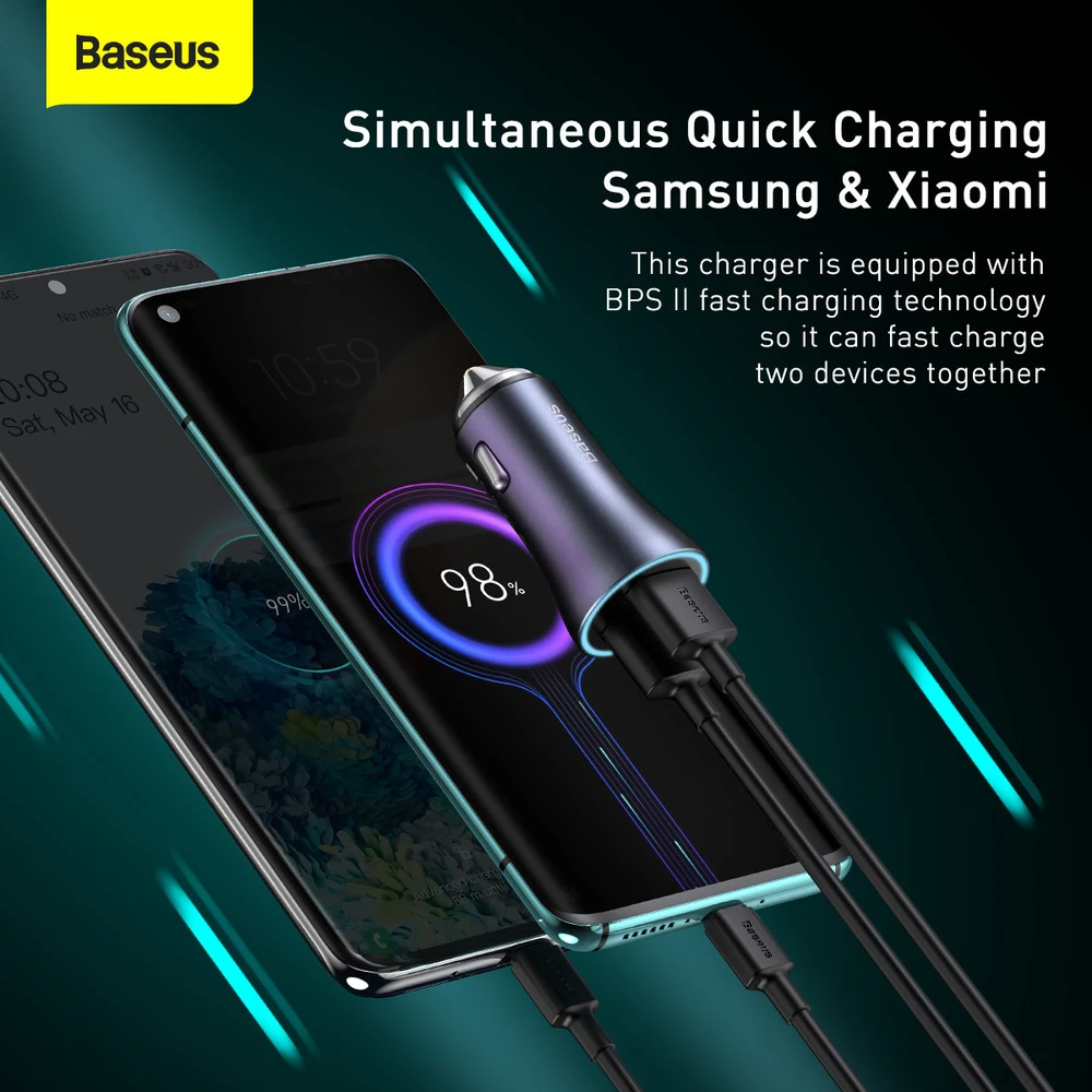 Baseus Automobilinis įkroviklis 40W 12-24V 2xUSB QC4.0 SCP FCP AFC su USB-C 1m laidu, pilkas