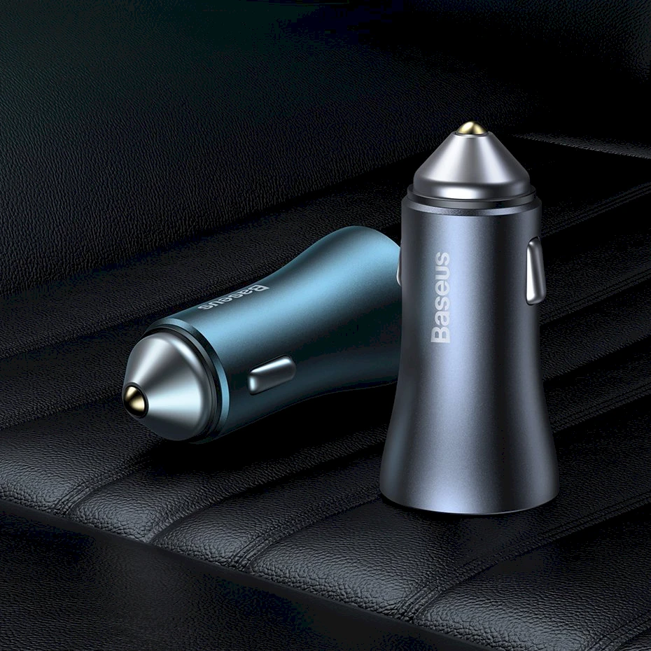 Baseus Automobilinis įkroviklis 40W 12-24V 2xUSB QC4.0 SCP FCP AFC su USB-C 1m laidu, pilkas