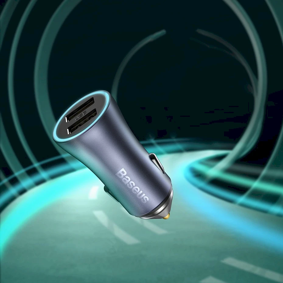 Baseus Automobilinis įkroviklis 40W 12-24V 2xUSB QC4.0 SCP FCP AFC su USB-C 1m laidu, pilkas