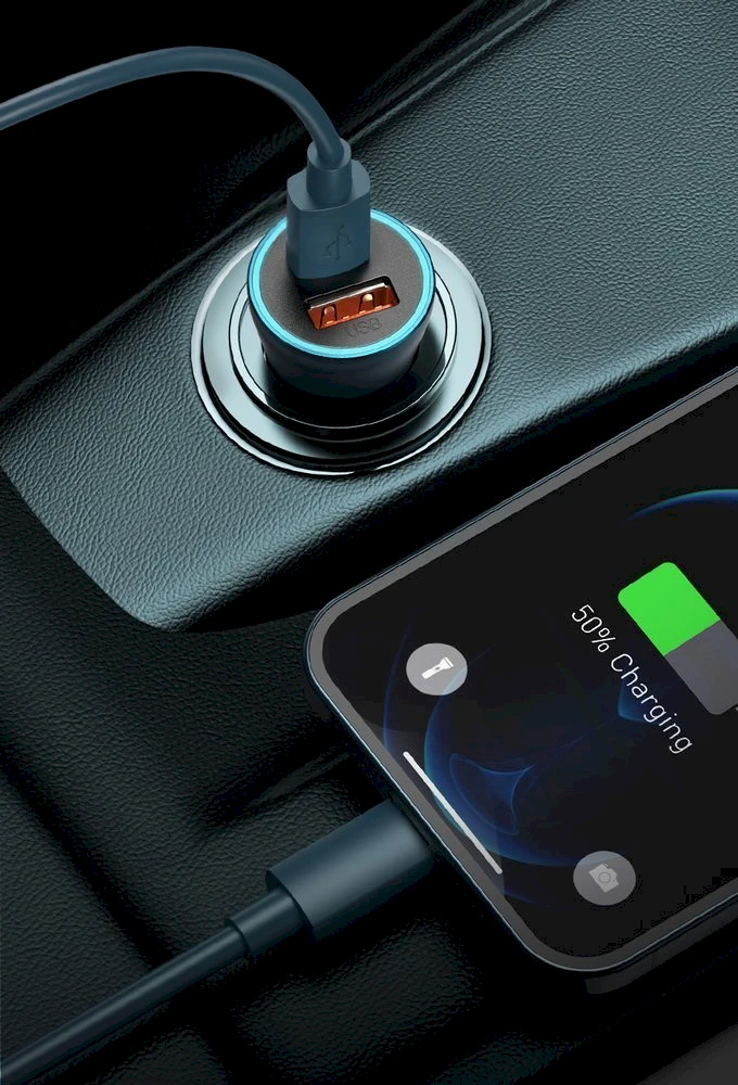 Baseus Automobilinis įkroviklis 40W 12-24V 2xUSB QC4.0 SCP FCP AFC su USB-C 1m laidu, pilkas