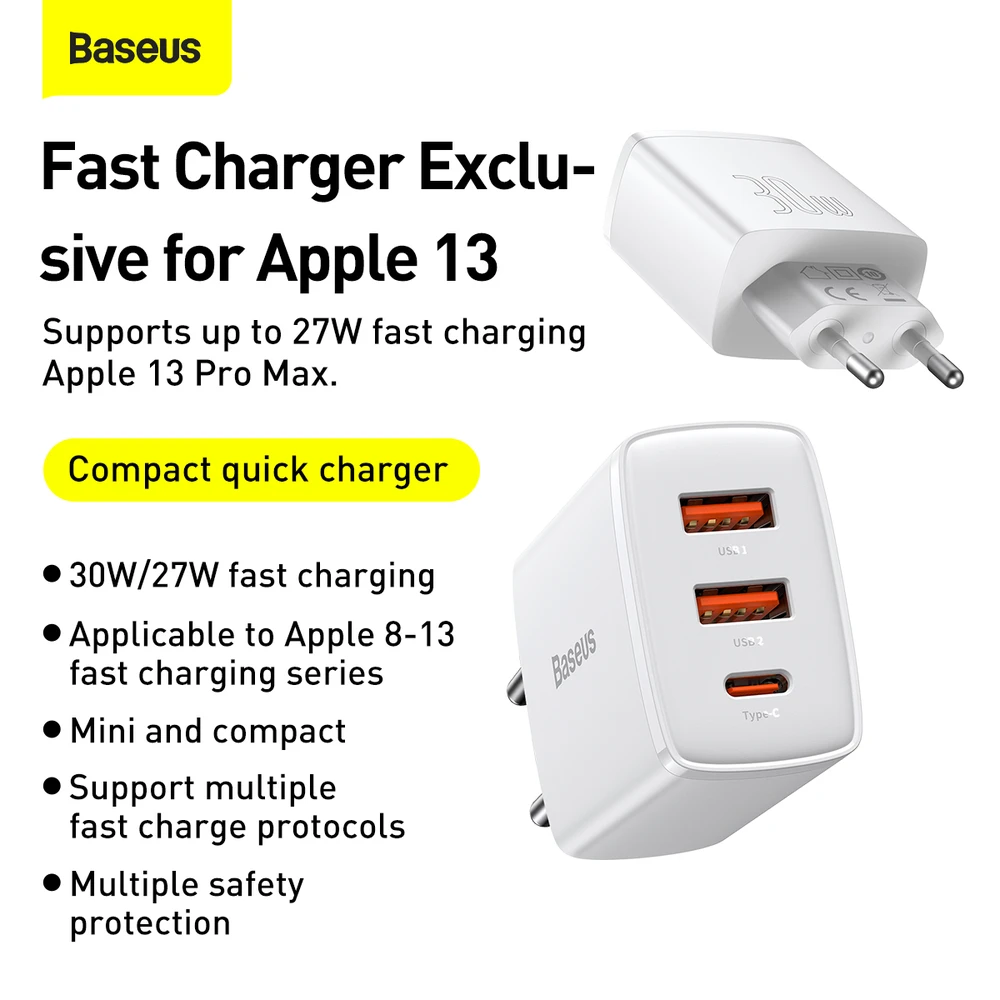 Baseus Sieninis įkroviklis 30W 2xUSB + USB-C QC3.0 PD3.0, baltas