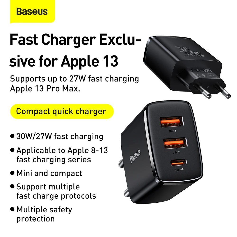 Baseus Sieninis įkroviklis 30W 2xUSB + USB-C QC3.0 PD3.0, juodas