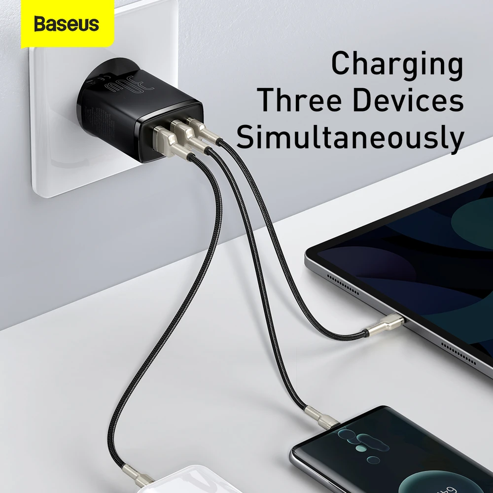 Baseus Sieninis įkroviklis 30W 2xUSB + USB-C QC3.0 PD3.0, juodas